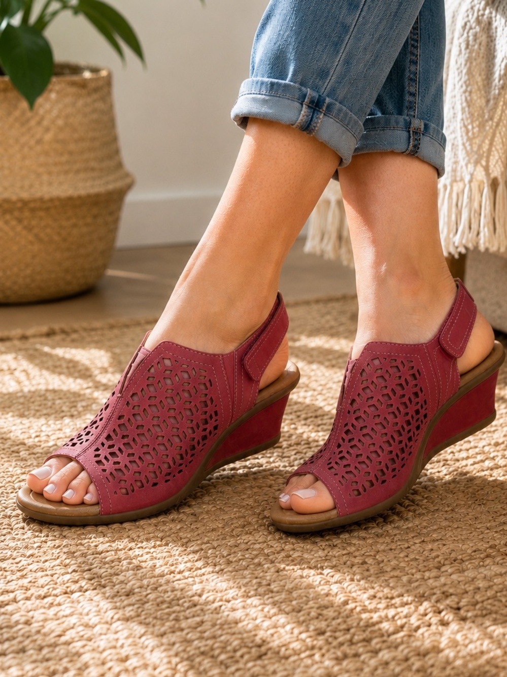 EARTH Cascade Wedge Sandals Comfort Walking Shoes Laser Cut Burgundy Red 10W